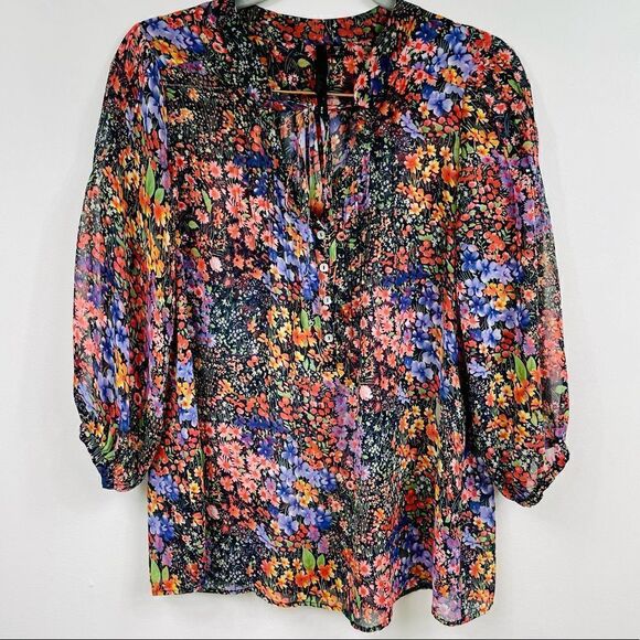 Bellatrix | floral  long sleeve Blouse Small , sheer, tie neck, multicolored - Picture 4 of 11